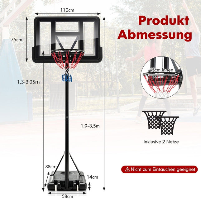130 cm - 305 cm höhenverstellbarer Basketballkorb mit Ständer &amp; 2 Rädern Korbständer Schwarz