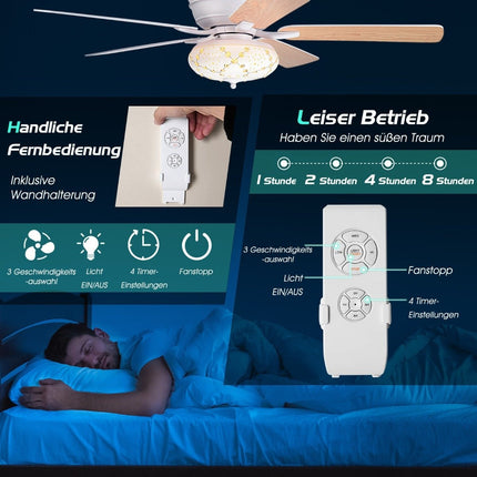 132cm Deckenventilator Holz mit Beleuchtung Wendelüfter mit Lampe 4H Timer weiß