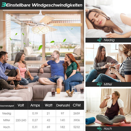 132cm Deckenventilator Holz mit Beleuchtung Wendelüfter mit Lampe 4H Timer weiß