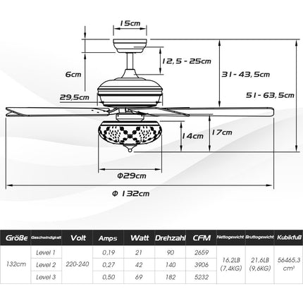132cm Deckenventilator Holz mit Beleuchtung Wendelüfter mit Lampe 4H Timer weiß