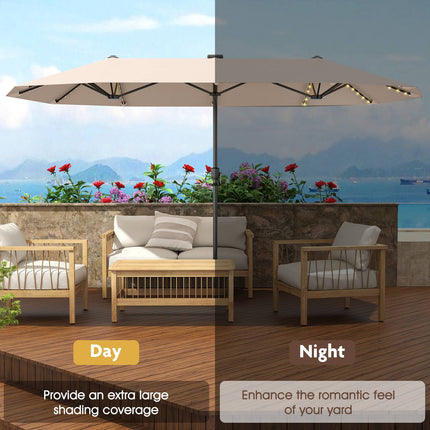 13-Fuß-Doppelseiten-Sonnenschirm, Solar-LED, Kurbel, Beige