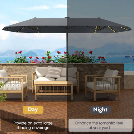 13 Fuß Doppel-Terrassenschirm – Solar-LED, Kurbel