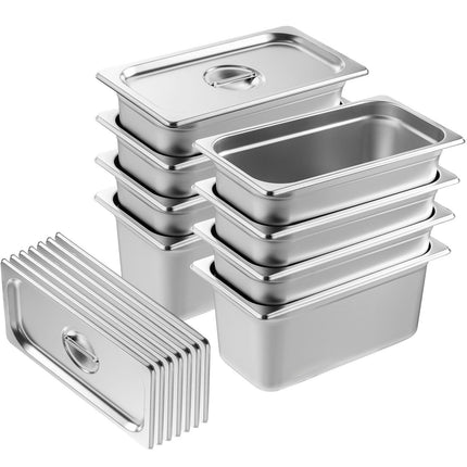 1/3 Size Steam Table Pans, 8-Pack Stainless, 6-In Deep Lids