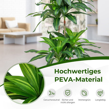 140 cm Kunstpflanze Dracena mit Topf &amp; 92 Blättern Kunstpflanze Kunstbaum Palme grün