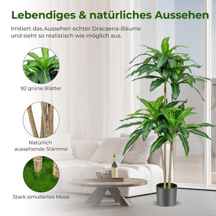 140 cm Kunstpflanze Dracena mit Topf &amp; 92 Blättern Kunstpflanze Kunstbaum Palme grün