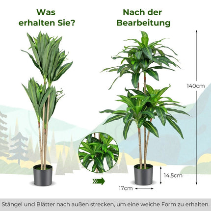 140 cm Kunstpflanze Dracena mit Topf &amp; 92 Blättern Kunstpflanze Kunstbaum Palme grün