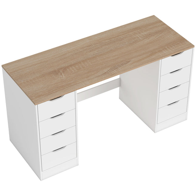 140 cm Computertisch, 8 Schubladen, Stahl & Holz, Weiß