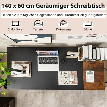 140 cm Schreibtisch mit Ablagen &amp; Spleissplatte Computertisch Bürotisch PC-Tisch Braun