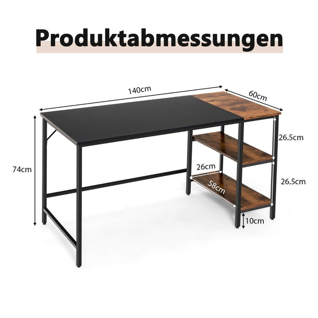 140 cm Schreibtisch mit Ablagen &amp; Spleissplatte Computertisch Bürotisch PC-Tisch Braun