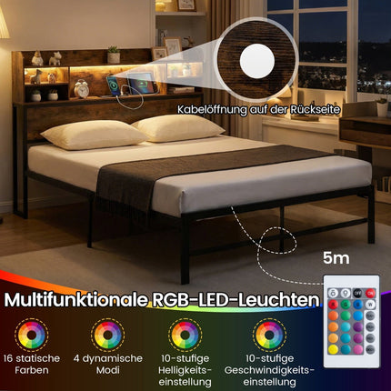 140 x 200 cm Bettgestell mit LED-Beleuchtung & Ladestation