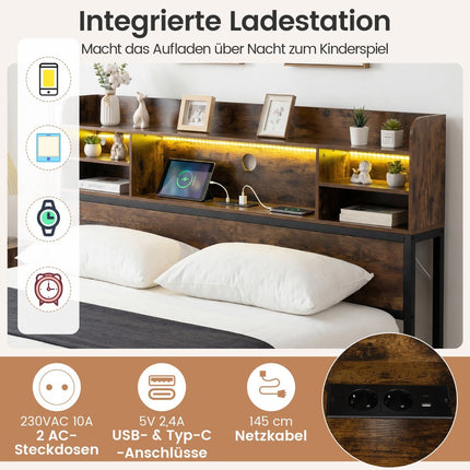 140 x 200 cm Bettgestell mit LED-Beleuchtung & Ladestation