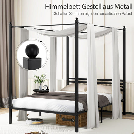 140x200 cm Himmelbett Bettgestell mit Lattenrost Metallbett Doppelbett Bettgestell Schwarz