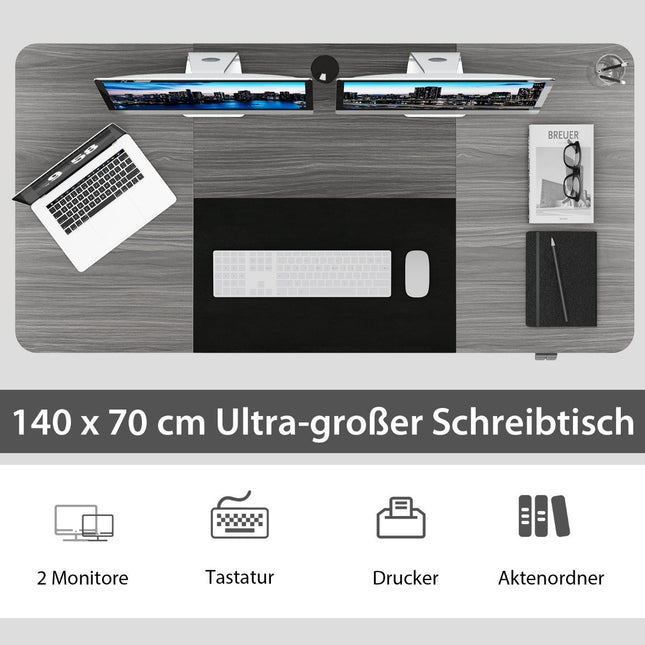 140 x 70 cm elektrisch höhenverstellbarer Schreibtisch mit Stoppmechanismus und Haken Dunkelgrau