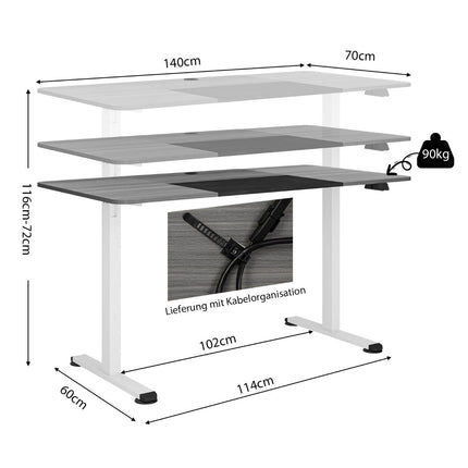 140 x 70 cm elektrisch höhenverstellbarer Schreibtisch mit Stoppmechanismus und Haken Dunkelgrau