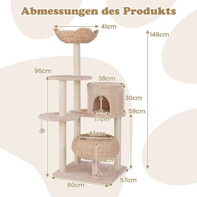 146 cm Kratzbaum mit Katzenhöhle &amp; Sitzstange &amp; Rohrkolben Katzenkorb Katzenbaum