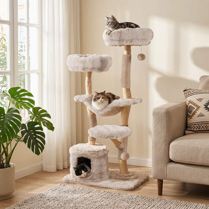 147cm Cat Tree Tower with Sisal Poles and Plush Hammock