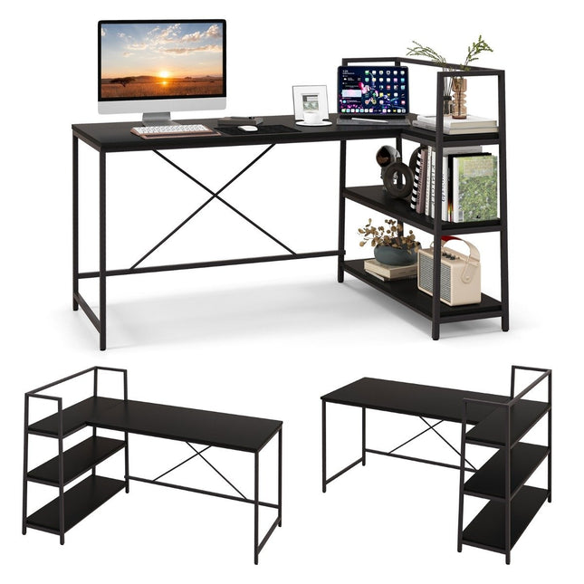 148 cm langer L-förmiger Computertisch mit offenen Regalen, platzsparender Schreibtisch für einen modernen Arbeitsplatz, schwarz