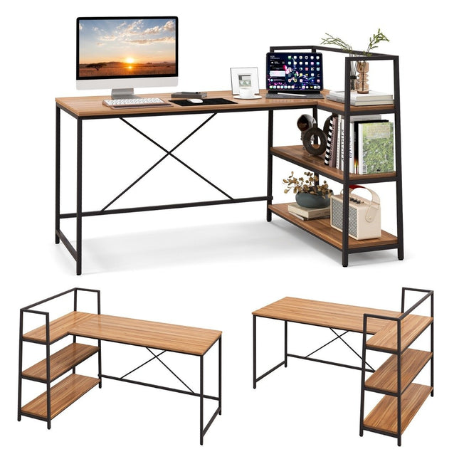 148 cm langer L-förmiger Computertisch mit offenen Regalen, platzsparender Schreibtisch für einen modernen Arbeitsplatz, Walnuss