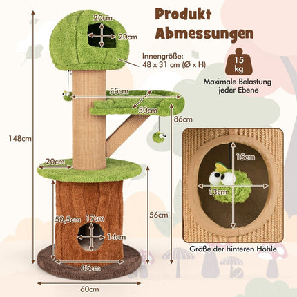 148 cm Pilz Kratzbaum mit 2 süßen Höhlen &amp; Plüschliegeplatz Katzenturm Kletterturm