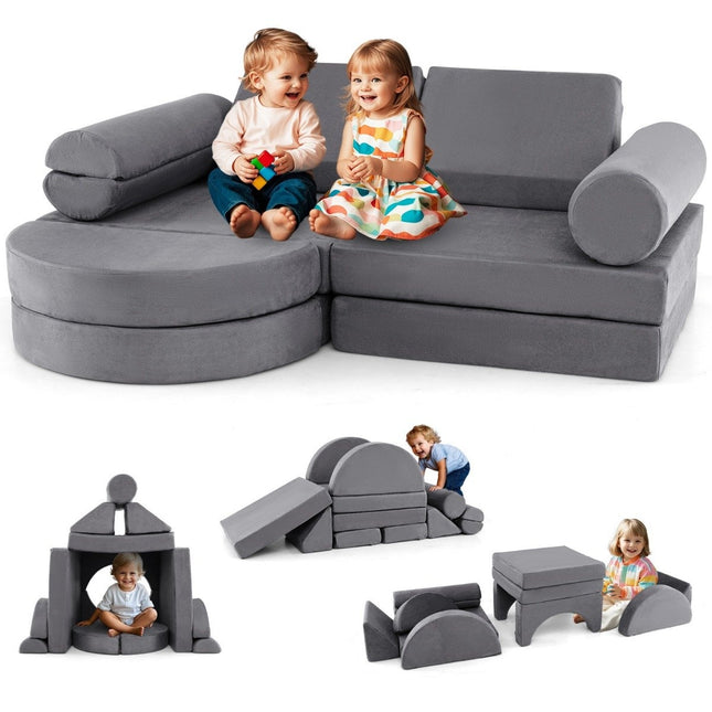 14-teiliges Modul-Kindersofa, Schaumstoff-Spielsofa, Bausteinsofa zum Klettern und Krabbeln, Grau