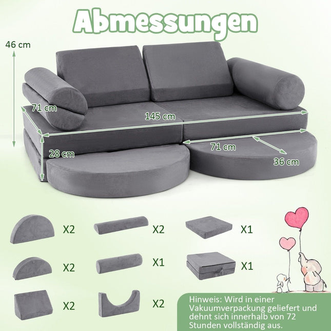 14-teiliges Modul-Kindersofa, Schaumstoff-Spielsofa, Bausteinsofa zum Klettern und Krabbeln, Grau