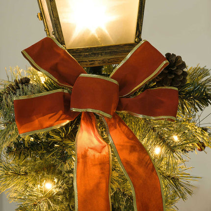 Weihnachtliche Metalllaterne mit LED-Lichterkette, Zapfen und Schleife