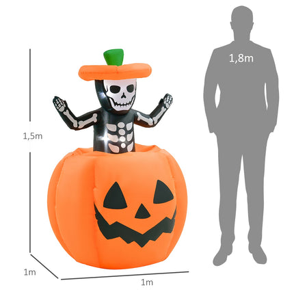 Aufblasbarer 150 cm Halloween-Kürbis mit Skelett und LED-Beleuchtung