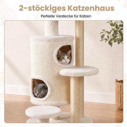 150 cm White Cat Tree with 6 Levels and 2 Caves