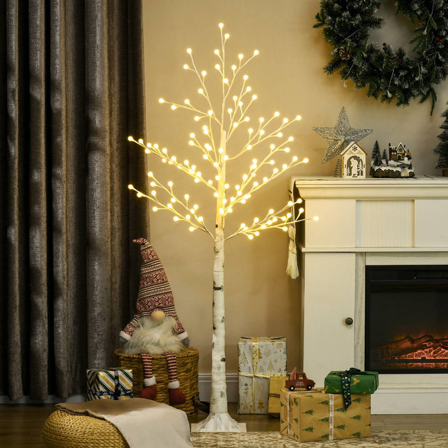 150 cm Birke LED Baum, 120 warmweiße Lichter, 3 Helligkeitsstufen
