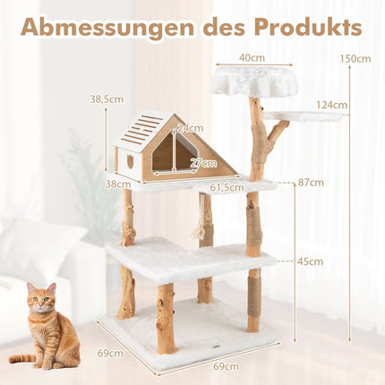 150 cm wooden scratching post with 2 berths & cave & scratching posts & sisal rope cat tree
