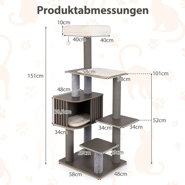 151 cm Katzenkratzbaum mit Höhle, Kratzstämmen & Spielzeug