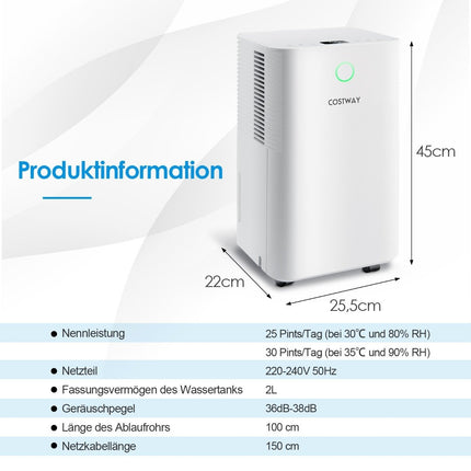 15㎡ Luftentfeuchter, 15L Luftentfeuchter mit 3 Modi, Mobiler Luftentfeuchter, 25,5 x 22 x 45 cm, Weiß