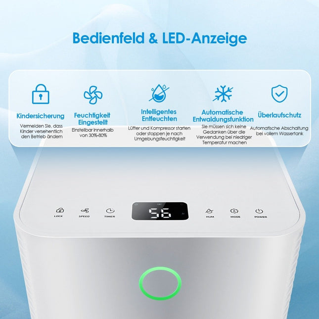 15㎡ Luftentfeuchter, 15L Luftentfeuchter mit 3 Modi, Mobiler Luftentfeuchter, 25,5 x 22 x 45 cm, Weiß