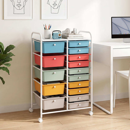15-Drawer Rainbow Rolling Storage Cart with Lockable Wheels