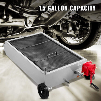 15 Gallon Low Profile Oil Drain Pan with Pump, Hose, Casters