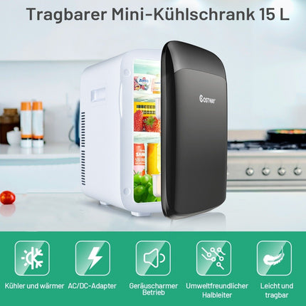 15 L Mini-Kühlschrank, 2 in 1 Kühl- und Heizfunktion, tragbares Gefrierfach, 27 x 33 x 38 cm, Weiß + Schwarz, Energieklasse E