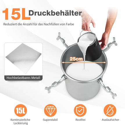 15L Farbtank mit verstellbarer Spritzpistole & Luftschläuchen