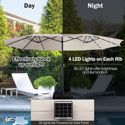 15-Fuß doppelseitiger Sonnenschirm, 48 Solar-LEDs, Beige