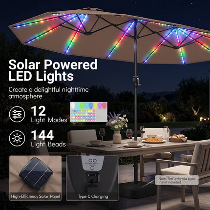 15ft Double-Sided Patio Umbrella, Solar LED Lights, Brown