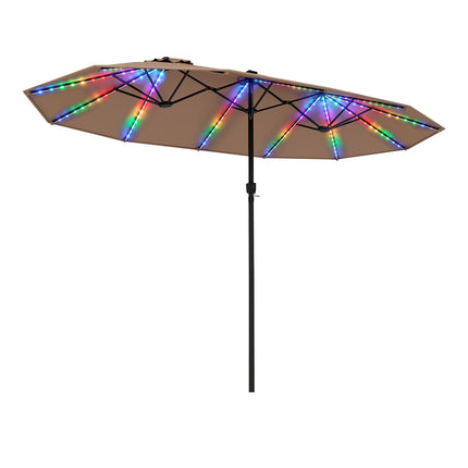 15ft Double-Sided Patio Umbrella, Solar LED Lights, Brown