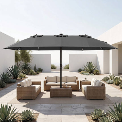 15ft Double-Sided Patio Umbrella, Solar LED Lights, Grey