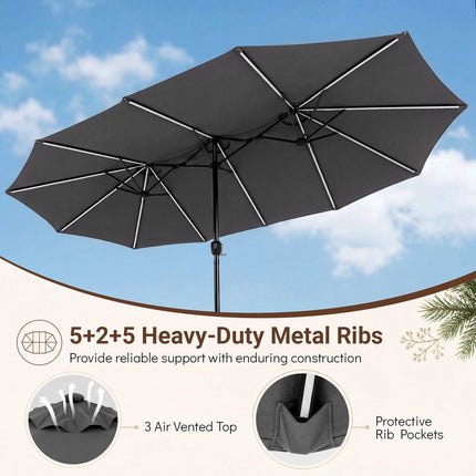 15ft Double-Sided Patio Umbrella, Solar LED Lights, Grey