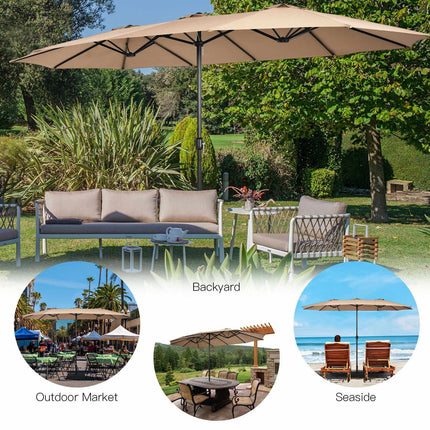 15ft Doppelseitiger Terrassenschirm mit Kurbel und Ständer, Kaffee