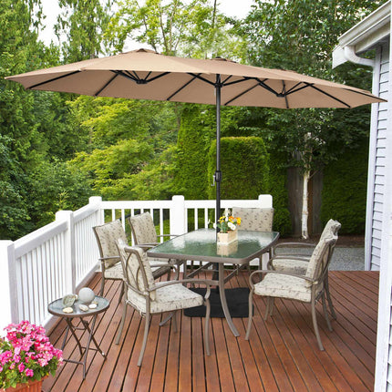 15ft Doppelseitiger Terrassenschirm mit Kurbel und Ständer, Kaffee