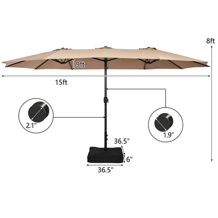 15ft Doppelseitiger Terrassenschirm mit Kurbel und Ständer, Kaffee