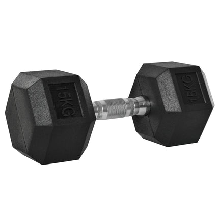 Hexagonální jednoruční činka 15 kg, vroubkovaná rukojeť, litina
