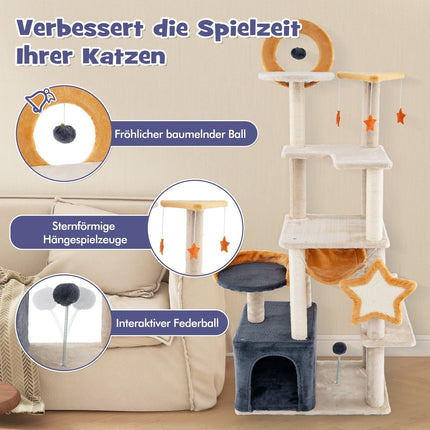 160 cm Katzenkratzbaum mit Sisalstämmen und Mehrstufigem Häuschen