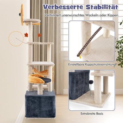 160 cm Katzenkratzbaum mit Sisalstämmen und Mehrstufigem Häuschen