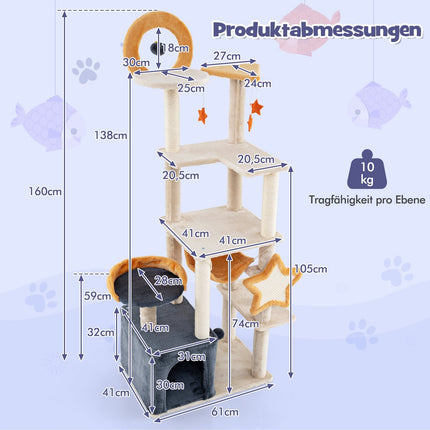 160 cm Katzenkratzbaum mit Sisalstämmen und Mehrstufigem Häuschen