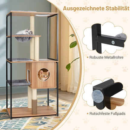 160 cm Kratzbaum aus Holz mit Höhle &amp; Hängematte &amp; Kratzbaum 5-stöckig Katzenkratzbaum